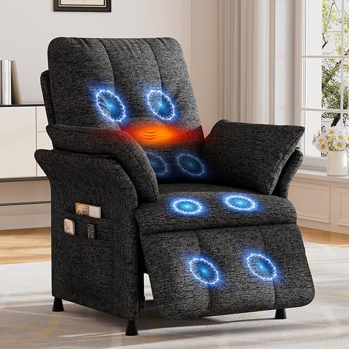 Power Recliner Chair for Adults with Heat & Massage - Linen Electric Reclining Sofa with Remote Control, 3 Side Pockets, 180° Lay Sleeper for Home Theater Living Room, Dark Grey