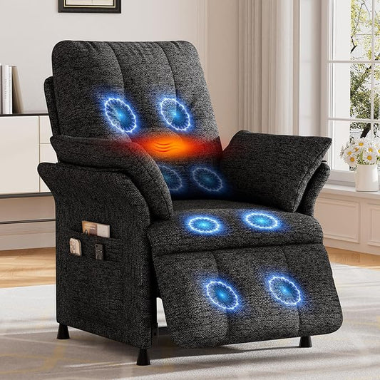 Power Recliner Chair for Adults with Heat & Massage - Linen Electric Reclining Sofa with Remote Control, 3 Side Pockets, 180° Lay Sleeper for Home Theater Living Room, Dark Grey