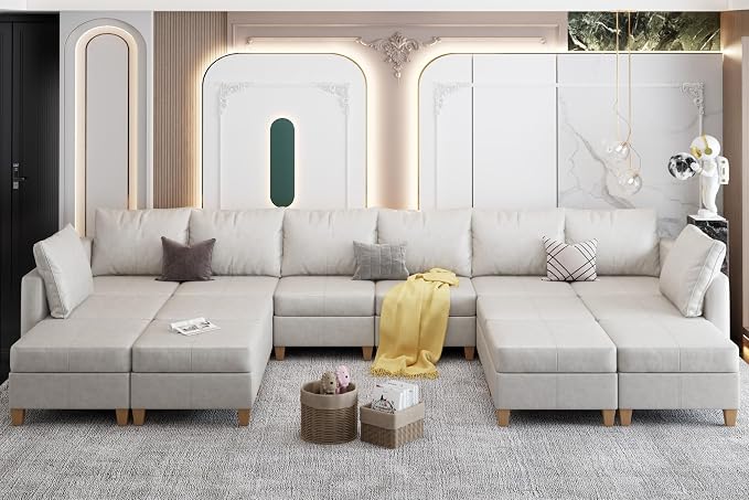 EASE MOOSE U Shaped Modular Sectional Sofa with Storage, Faux Leather Sectional Sofa Oversized Modular Sectional Couch with Reversible Chaises for Living Room