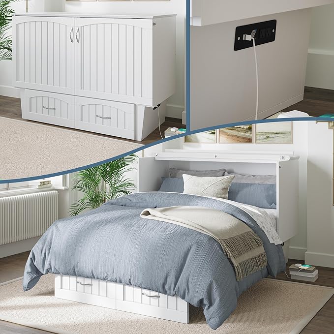 AFI, Nantucket Full Size Murphy Bed Chest with Mattress, Storage Drawer and Built-in USB Charger, White