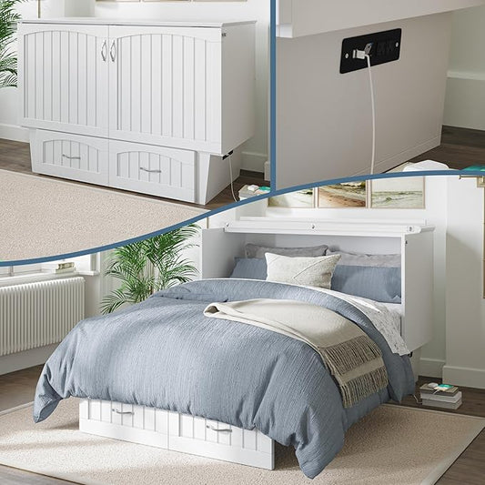 AFI, Nantucket Full Size Murphy Bed Chest with Mattress, Storage Drawer and Built-in USB Charger, White