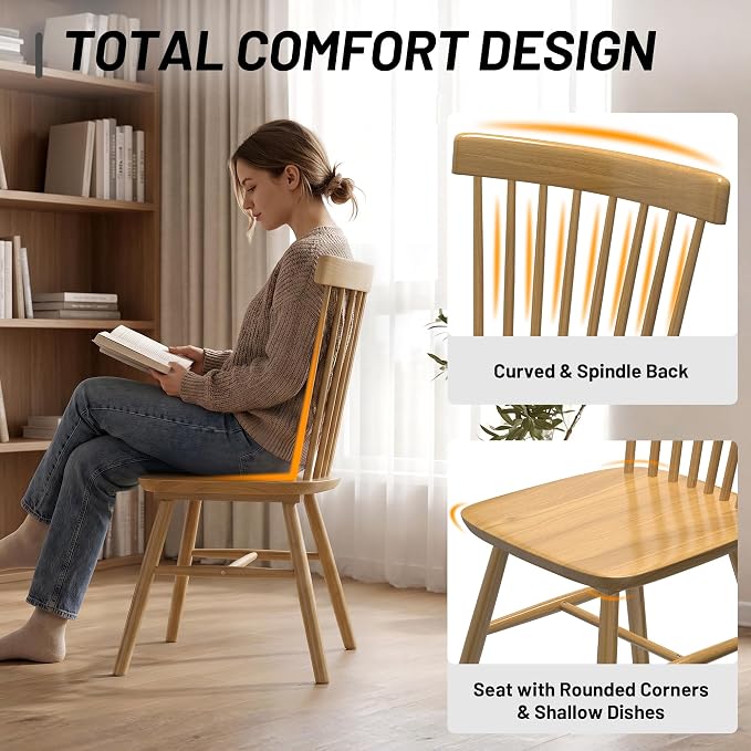 AreShark Windsor Dining Chairs, Farmhouse Wooden Dining Room Chairs, Solid Wood Kitchen Chairs with Spindle Back Set of 6, Natural Wood