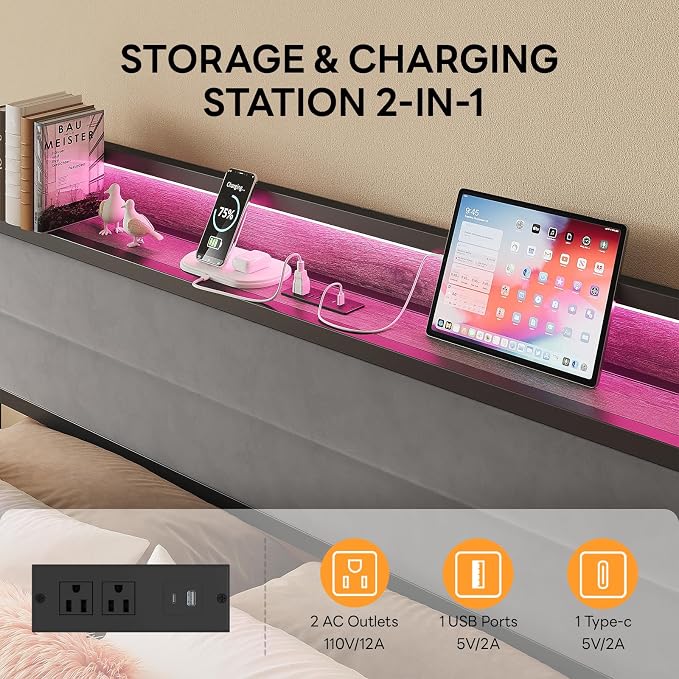 LIKIMIO Queen Bed Frame with Storage Headboard and LED Lights, Metal Platform Bed with Charging Station, Noise Free, No Box Spring Needed, Under Bed Storage, Charcoal Gray