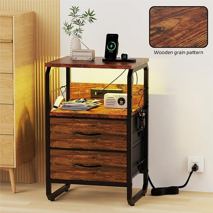 runjuly LED Nightstand, Bedside Table with Storage, End Table with Drawers & Hooks, Small Table with Charging Station, AC Outlets, USB-C Ports, Night Stand Table for Bedroom, Dorm, Rustic Brown