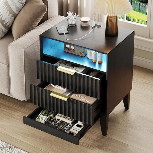 LVSOMT 20“ W Fluted LED Nightstand with Charging Station, RFID Lock, Black | Bedside Table with Hidden Drawer, 2 Drawers, Open Cubby, Motion Sensor, USB and Type-C Ports, Night Stand for Bedroom