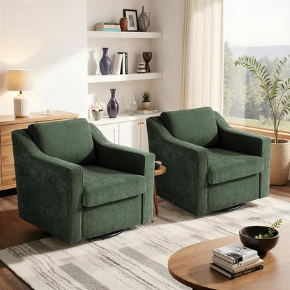 Swivel Accent Chair, Modern Round Barrel Arm Chair for Living Room, Bedroom, Comfy Club Reading Chairs for Adults (Chenille Green, Set of 2)