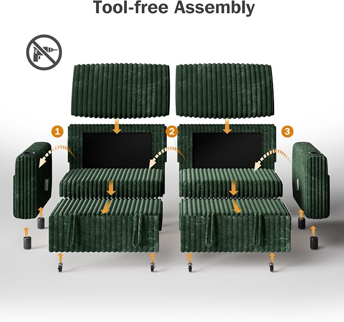 Sunny Heart 91" Plush Corduroy L Shaped Sectional Sleeper Sofa Bed with Pull Out Bed, Reclining Backrest, Reversible Storage Chaise, USB Ports, Cup Holders, Tool Free Assembly,Forest Green