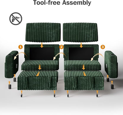 Sunny Heart 91" Plush Corduroy L Shaped Sectional Sleeper Sofa Bed with Pull Out Bed, Reclining Backrest, Reversible Storage Chaise, USB Ports, Cup Holders, Tool Free Assembly,Forest Green
