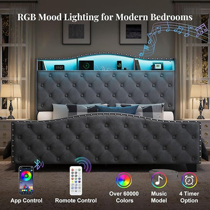 Belffin Queen Size Bed Frame and Headboard, 50.9" Velvet Upholstered Wingback Bedframe with LED Lights & Storage/Charging Station, Button Tufted Tall Footboard, No Box Spring Needed, Noise-Free, Grey