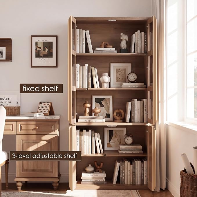 77" Tall Storage Cabinet - Fluted Pantry Cabinets with Glass Doors, Wooden Kitchen Food Cupboard, Adjustable Shelves, Modern Display Storage Closet for Living Room, Dining Room, Office, Oak 1pc