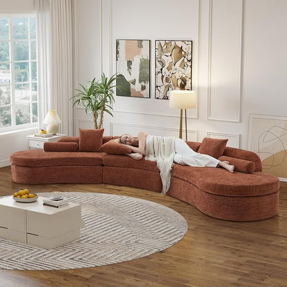 AVZEAR Curved Modular Sectional Sofa, Chenille Upholstered Cloud 6 Seater Couch for Living Room, No Assembly Modern Love Seat Sofa with 3 Bolster Pillows & 3 Square Pillows, High-Density Foam, Orange