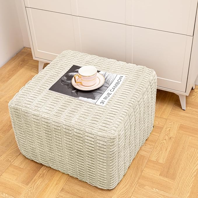 Asuprui Round Square Pouf Ottoman Foot Rest – Lightweight Modern Footstool with Plush Foam Filling, Perfect for Living Room Decor & Cozy Comfort – 20x20x14 Inch Chic Accent Piece (Cream)