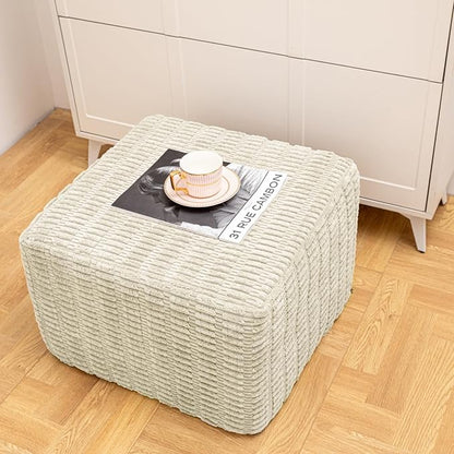 Asuprui Round Square Pouf Ottoman Foot Rest – Lightweight Modern Footstool with Plush Foam Filling, Perfect for Living Room Decor & Cozy Comfort – 20x20x14 Inch Chic Accent Piece (Cream)
