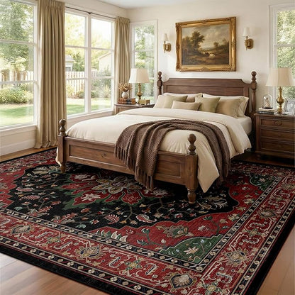 RELEANY Area Rugs 7'x9' Washable Non-Slip, Floral Vintage Distress Medallion Carpet for Living Room Bedroom Dining Room, Red Black
