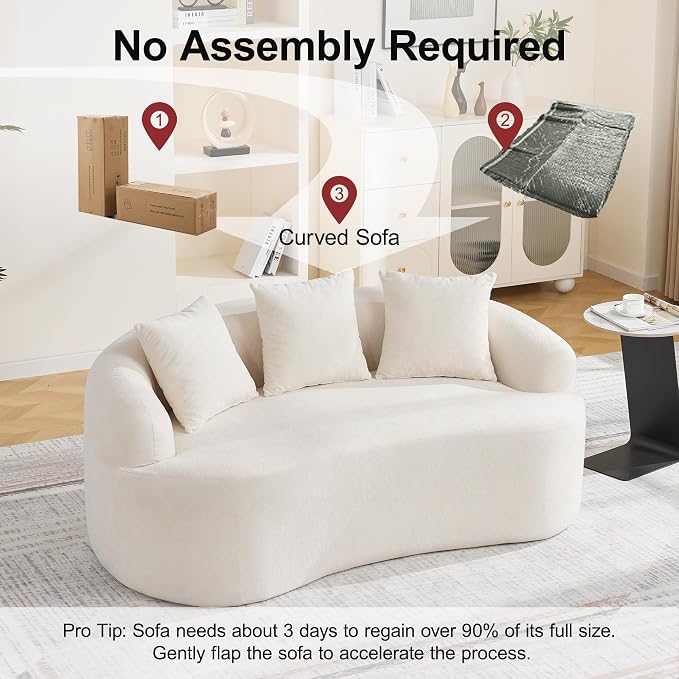 65" Boneless Curved Loveseat Sofa, Modern Deep Seat Love Seat Couches, 2 Seater Curved Couch with 3 Throw Pillows, Compressed Floor Sofa for Living Room Small Spaces, No Assembly, Beige