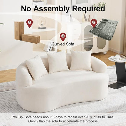 65" Boneless Curved Loveseat Sofa, Modern Deep Seat Love Seat Couches, 2 Seater Curved Couch with 3 Throw Pillows, Compressed Floor Sofa for Living Room Small Spaces, No Assembly, Beige