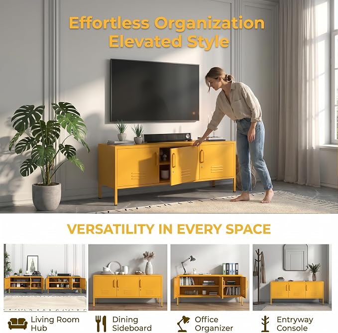 3 Door TV Standwith Storage Locke Metal TV Cabinet with 2-Tier Multi-Purpose Lockable Wide Storage Cabinet, Media Console Table with Metal Legs for Living Room, Bedroom,Office,Yellow