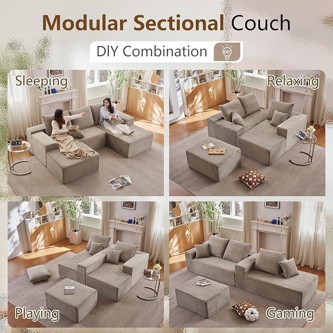 107" Comfy U-Shaped Sectional Modern Boneless Corduroy Couch with Chaise - No Assembly Required! Deep-Seat, Upholstered Modular Cloud Sofa for Living Room, Plush Corduroy Fabric(Camel)