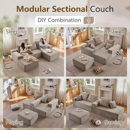 107" Comfy U-Shaped Sectional Modern Boneless Corduroy Couch with Chaise - No Assembly Required! Deep-Seat, Upholstered Modular Cloud Sofa for Living Room, Plush Corduroy Fabric(Camel)