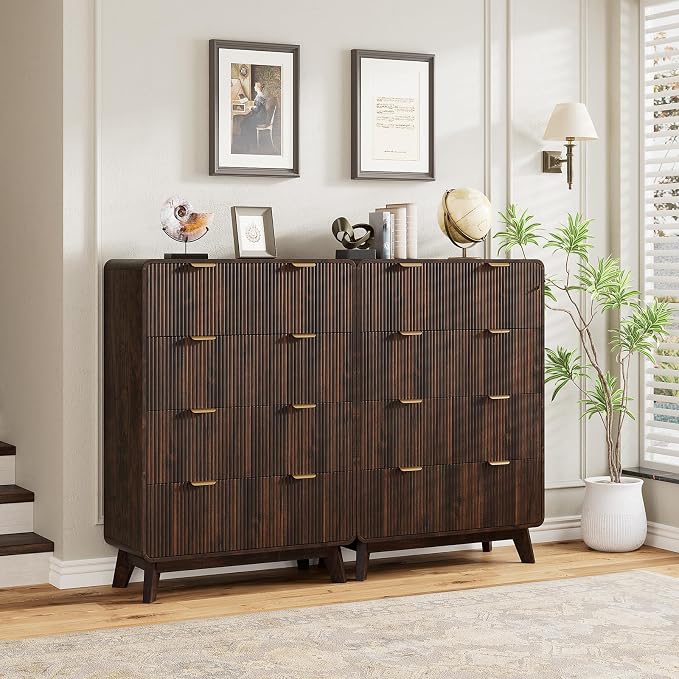 QUW Fluted 5 Drawers Dresser for Bedroom, Modern 40.2" Tall Drawer Dressers with Metal Handle, Wooden Chest of Dresser for Living Room, Hallway, Solid Wood Legs, Curved Profile Design, Dark Walnut