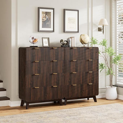 QUW Fluted 5 Drawers Dresser for Bedroom, Modern 40.2" Tall Drawer Dressers with Metal Handle, Wooden Chest of Dresser for Living Room, Hallway, Solid Wood Legs, Curved Profile Design, Dark Walnut