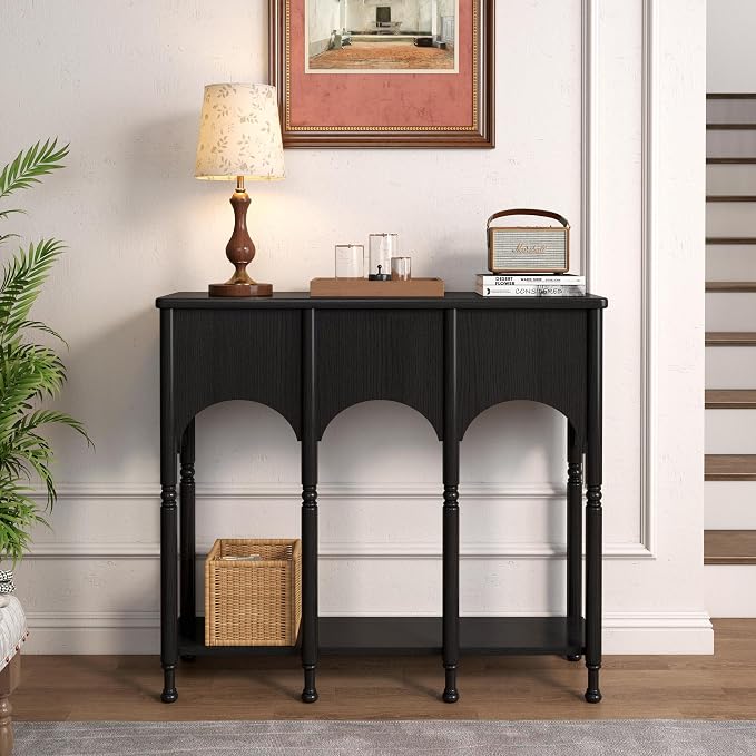 40" Console Table with Storage Shelf, Retro Entryway Table, Wooden Sofa Table with Roman-Style Legs for Living Room, Hallway, Black