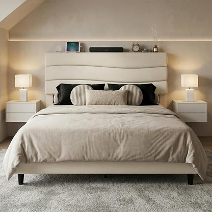 EnHomee Queen Bed Frame with Upholstered Headboard,Adjustable Height,Charging Station, Noise-Free, No Box Spring Needed, Easy Assembly,Beige