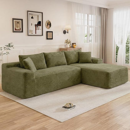 95" L Shaped Cloud Boneless Sectional Couches for Living Room, Modern Comfy Modular Deep Seat Memory Foam Compressed Corduroy Sofa Oversized Right Facing Chaise, No Assembly Required, Green