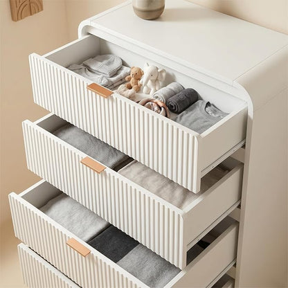 FURSUN Fluted 5 Drawers Dresser for Bedroom, 48" Tall Wooden Modern Dresser with Metal Handle, Curved Profile Design, Storage Organizer for Bedroom, Living Room, Hallway, White