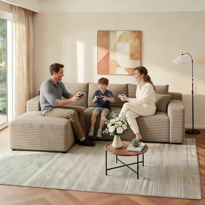 JINGLING 94" L Shape Couch with Left Chaise, Memory Foam Boneless Sectional Sofa in a Box, No Assembly Modular Small Couches for Small Spaces, Living Room, Apartments, Plush Corduroy, Camel