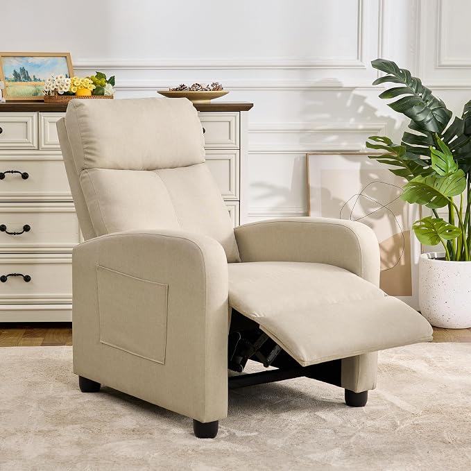 Recliner Chair for Living Room, Modern Adjustable Home Theater Seating Single Sofa Manual Push Back Armchair with Soft Linen Upholstery & High Backrest for Small Spaces, Linen-Cream