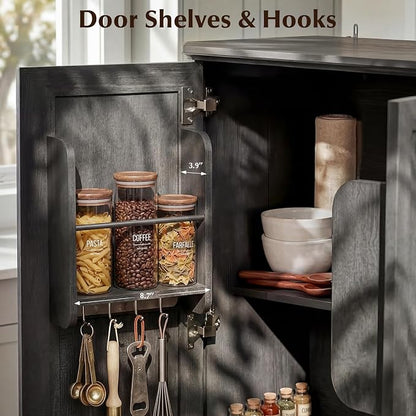 72.2" Tall Kitchen Pantry Cabinet with Doors, Farmhouse Storage Cabinet with Charging Station & LED Light, Drawer, Adjustable Shelves and Pull-Out Shelves, Black Wood Pantry Cupboard for Dining Room