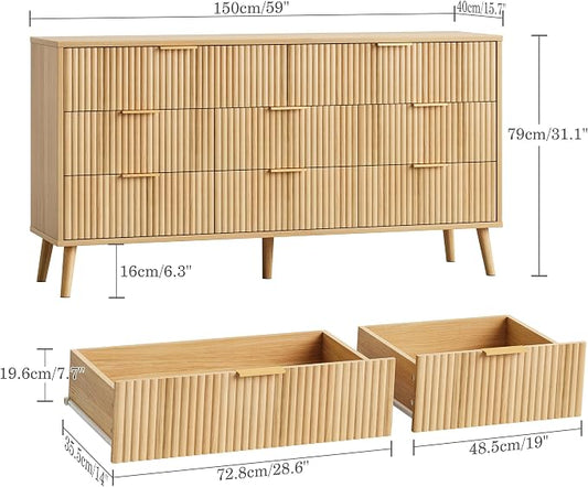 Fluted Dresser for Bedroom with 8 Drawers, Wooden Dresser with Metal Handle, Modern Storage Organizer for Bedroom, Wood Closet for Hallway, Living Room, Natural Oak BDR104Y