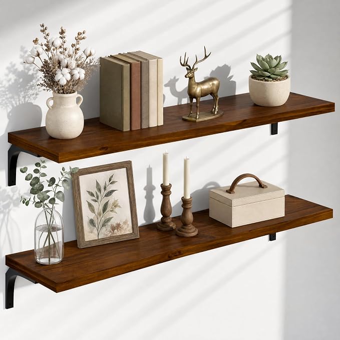12 Inch Deep Floating Shelves Set of 2, 48 Inch Extra Wide Vintage Walnut Solid Pine Wood Wall Shelves, 4ft Heavy Duty Wall Mounted Bookshelf with 100 lbs Capacity for Kitchen & Living Room