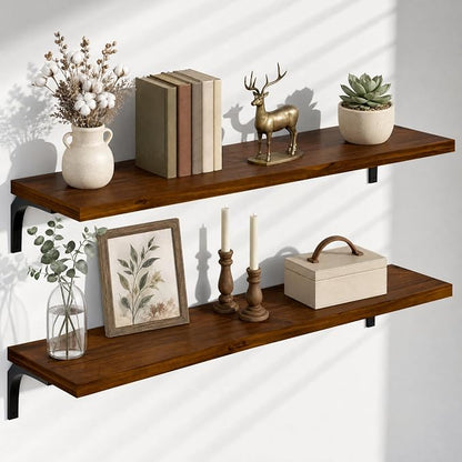 12 Inch Deep Floating Shelves Set of 2, 48 Inch Extra Wide Vintage Walnut Solid Pine Wood Wall Shelves, 4ft Heavy Duty Wall Mounted Bookshelf with 100 lbs Capacity for Kitchen & Living Room