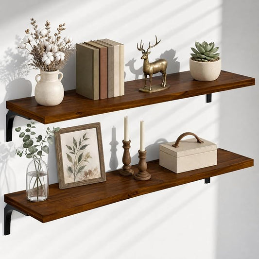 12 Inch Deep Floating Shelves Set of 2, 48 Inch Extra Wide Vintage Walnut Solid Pine Wood Wall Shelves, 4ft Heavy Duty Wall Mounted Bookshelf with 100 lbs Capacity for Kitchen & Living Room