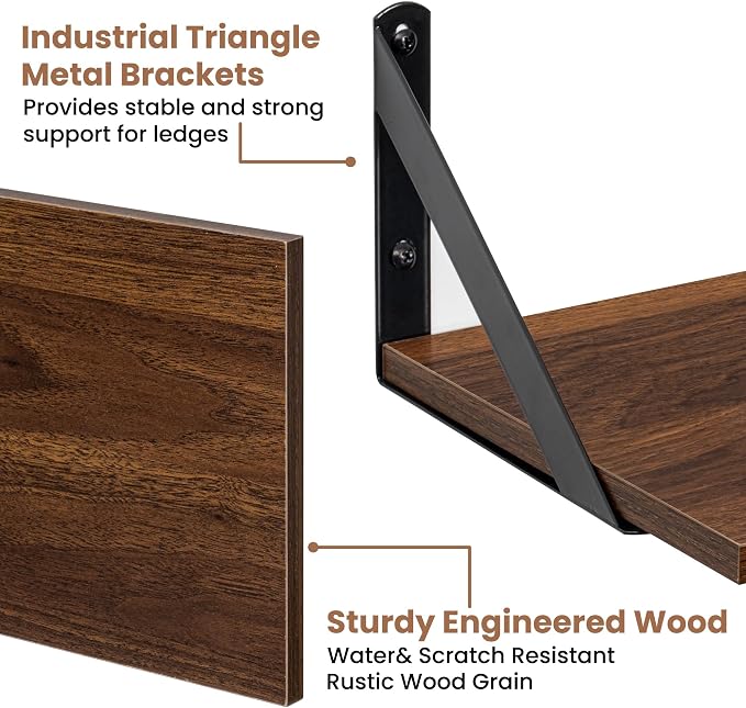 Axeman Floating Shelves | 8 Inch Deep Walnut Wall Shelves Set of 2 | 16W x 8D Rustic Wood Shelves for Bookshelf Living Room Bedroom Home Office Bathroom