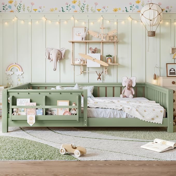 Bellemave Queen Size Floor Bed with Slats and Safety Guardrail, Queen Size Montessori Floor Bed with Fence and Built-in Bookshelf, Easy Assemble Montessori Beds for Girls, Boys, Avocado Green