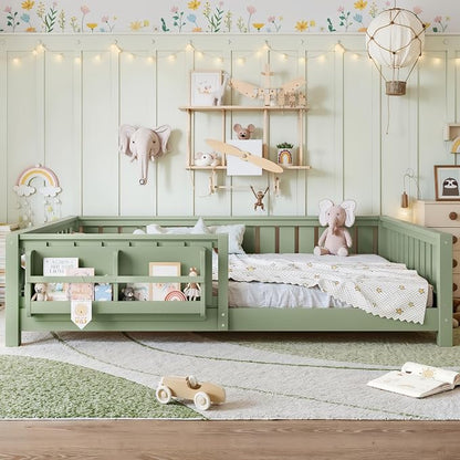 Bellemave Queen Size Floor Bed with Slats and Safety Guardrail, Queen Size Montessori Floor Bed with Fence and Built-in Bookshelf, Easy Assemble Montessori Beds for Girls, Boys, Avocado Green