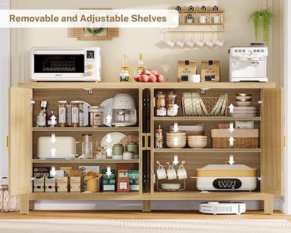 usikey 55" Buffet Cabinet with Storage, Large Sideboard Buffet Cabinet with 4 Adjustable Shelves, Modern Fluted Coffee Bar for Kitchen, Living Room, Natural
