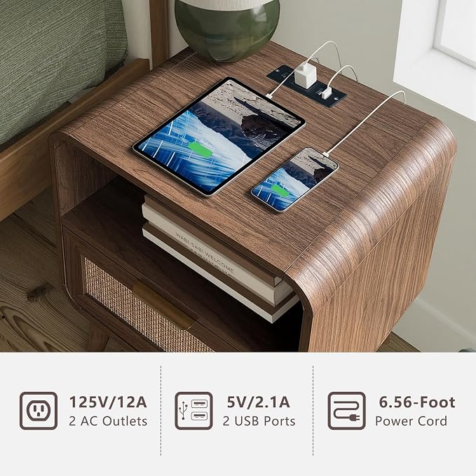 FORTUNETEC 55" Rattan 9 Drawer Dresser, Modern Farmhouse & Boho Wooden Chest of Drawers with Walnut Wood Grain, Multifunctional Storage Bedroom Set for Bedroom, Living Room, TV Stand