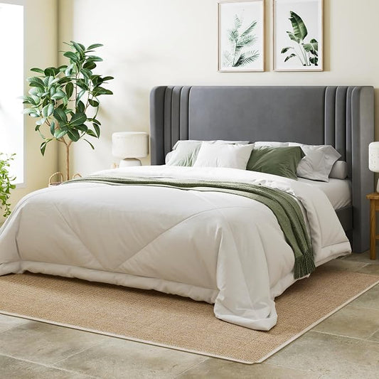 Allewie Queen Size Velvet Platform Bed Frame with Vertical Tufted Wingback Headboard, Easy Assembly, Under Bed Storage, No Box Spring Required, Modern Style, Grey