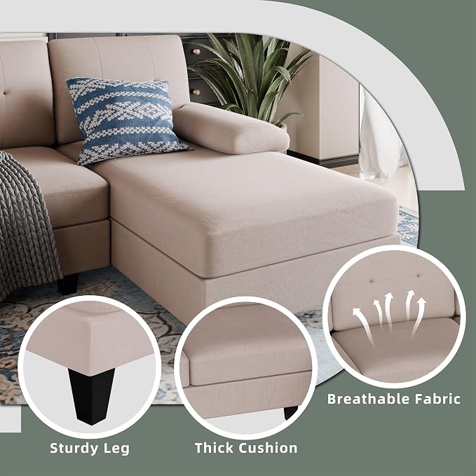 Shintenchi U-Shaped Sectional Couches for Living Room, 4 Seat Sofa with Double Chaise Lounges,Solid Wood Frame Sectional Sofa for Apartment,Beige