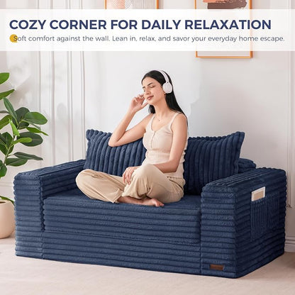 MAXYOYO Convertible Sofa Bed, 2 in 1 Folding Couch Bed for Small Space, Pull Out Loveseat Sofa Couch with Large Back Pillow, Plush Faux Fabric Lounge Couch for Living Room, Apartment, Navy