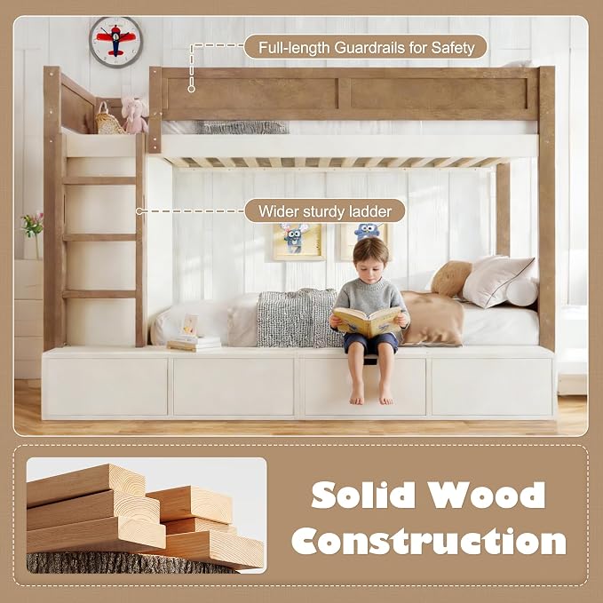 Bellemave Twin Over Twin Bunk Bed with Storage Drawers,Solid Wood Bunk Bed with Built-in Wardrobe,Storage Shelf and Safety Guardrails for Kids Girls Boys,Beige & Natural