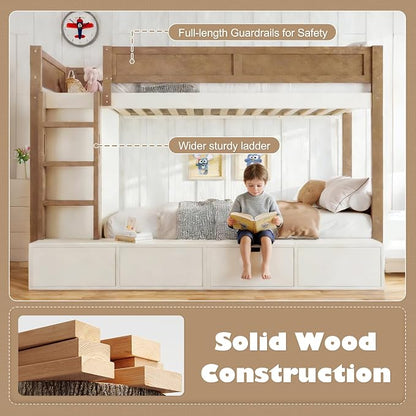 Bellemave Twin Over Twin Bunk Bed with Storage Drawers,Solid Wood Bunk Bed with Built-in Wardrobe,Storage Shelf and Safety Guardrails for Kids Girls Boys,Beige & Natural