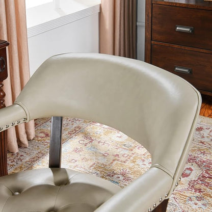 LEEMTORIG Large Dining Chairs with Casters and Arms, Rolling Dining Chairs with Wheels, Solid Wood Office Desk Chairs, 26“Dx25.2 Wx31.5“H, Espresso Legs & Beige PU, XXY-1910-BG