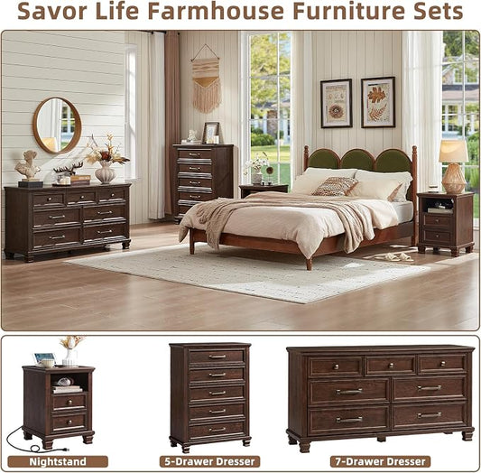 SAVOR LIFE Farmhouse Dresser and Nightstand Sets 3 Piece, 5/7 Drawer Dresser & 2 Drawer Nightstand Set, Rustic Wood Bedroom Furniture Set for Home, Bedroom, Hallway, Walnut