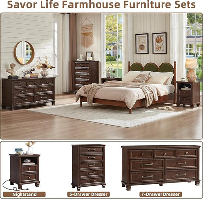 SAVOR LIFE Farmhouse Dresser and Nightstand Sets 4 Piece, 5/7 Drawer Dresser & 2 Drawer Nightstand Set, Rustic Wood Bedroom Furniture Set for Home, Bedroom, Hallway, Walnut