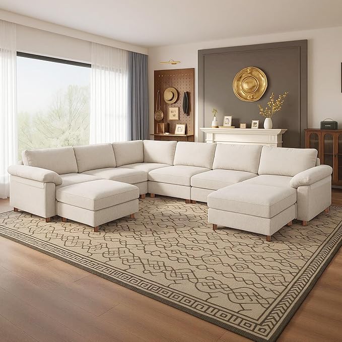 Oversized Modular Cloud Couch with Removable Washable Cover, U-Shaped Sectional for Large Living Room, Plush Chenille & Deep Seat Beige